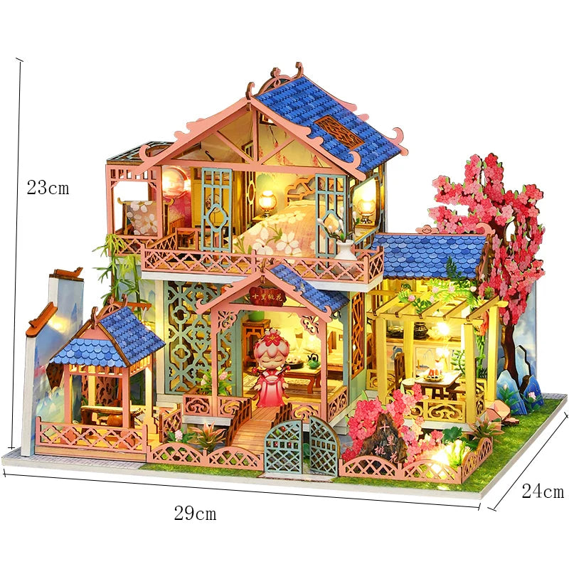 DIY Wooden Miniature Big Dollhouse Kit with Furniture and Lighting