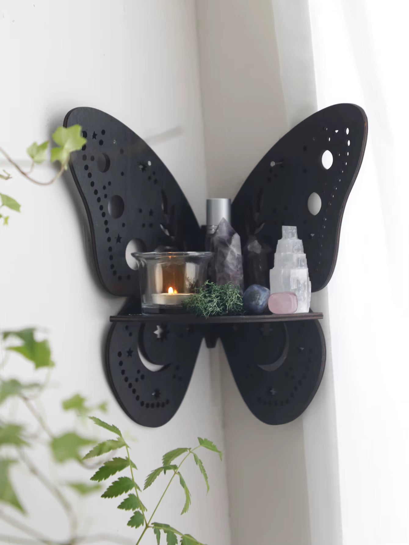 Crystal Wall Shelf Wooden Butterfly Lotus Moth Crystal Stone Stand Hanging Wall Display Shelf Boho Home Decoration Room Decor