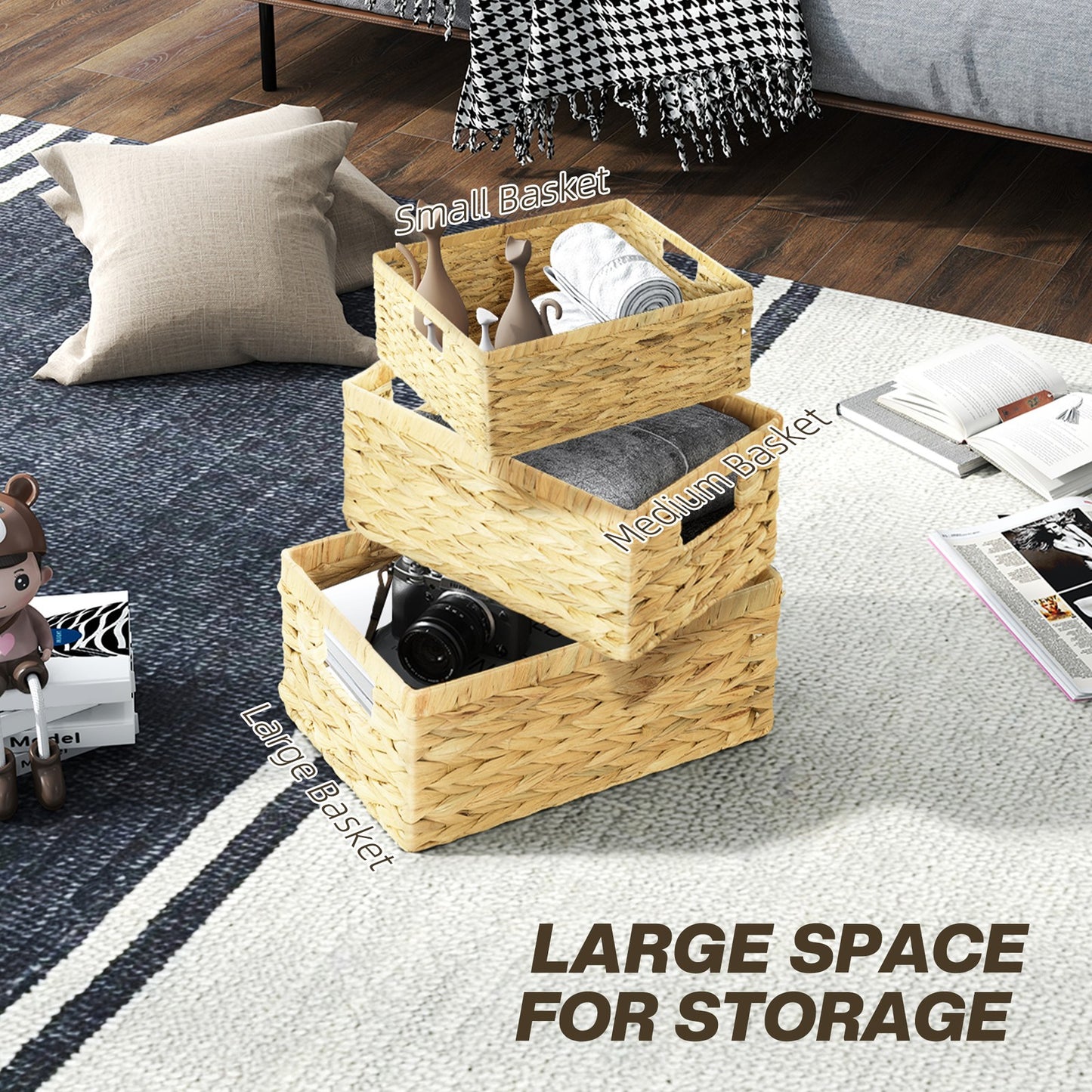 Set of 3 Wicker Storage Baskets, Woven Baskets with Handles, Natural Tone