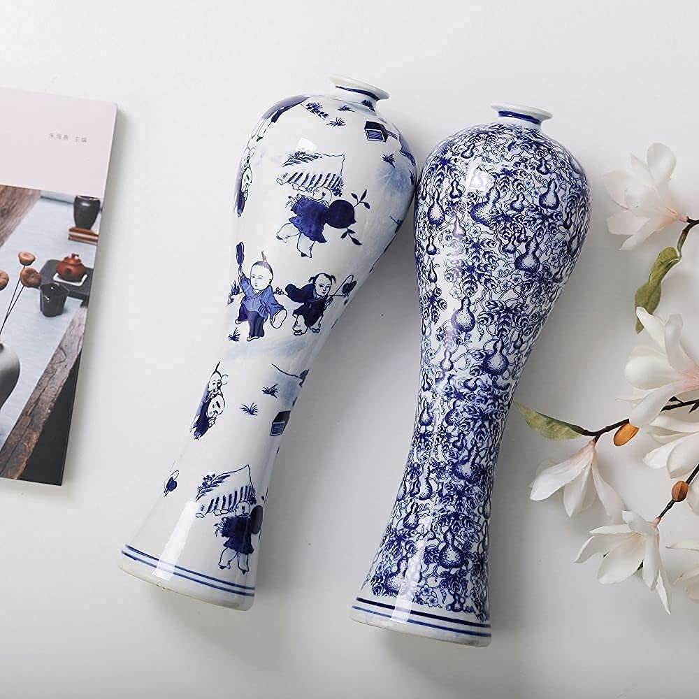13" China Ceramic Vase Blue and White Porcelain Chinese Handmade Decorative Flower Vase for Living Room, Home Decor, Office, Table Centerpiece