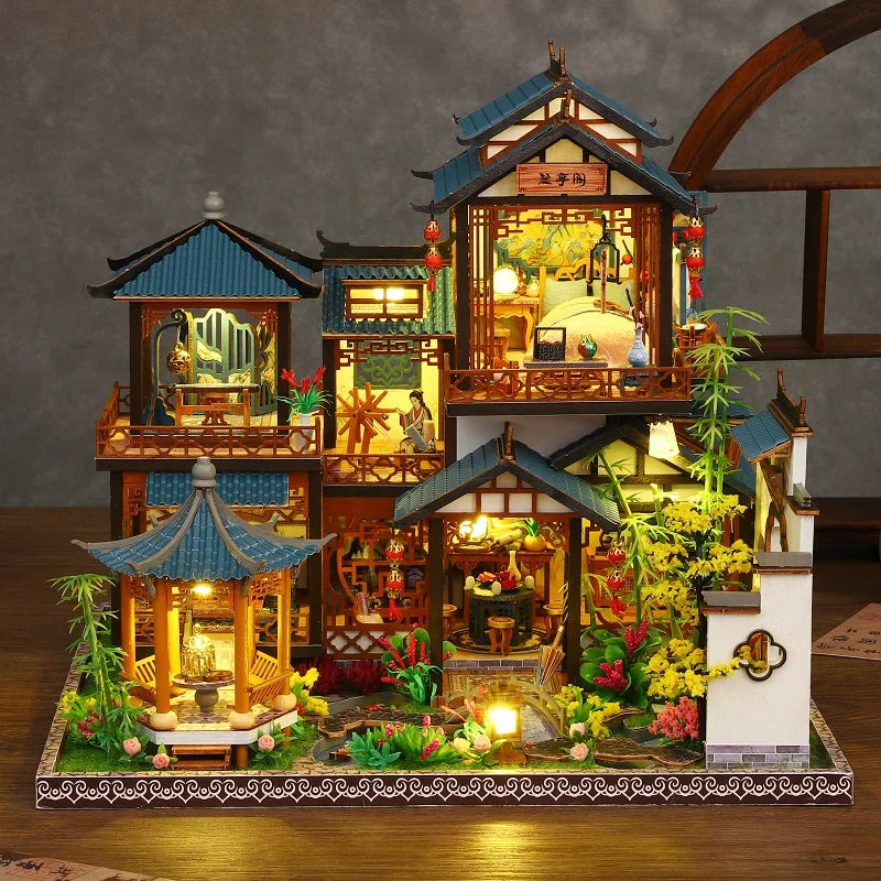 DIY Wooden Miniature Big Dollhouse Kit with Furniture and Lighting