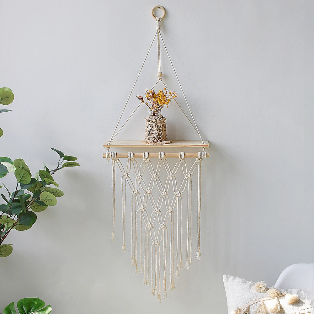Macrame Wall Hanging Shelf Floating Wall Shelf Boho Home Decor Shelves Wall Wood Decoration for Bedroom Living Room Nursery Gift