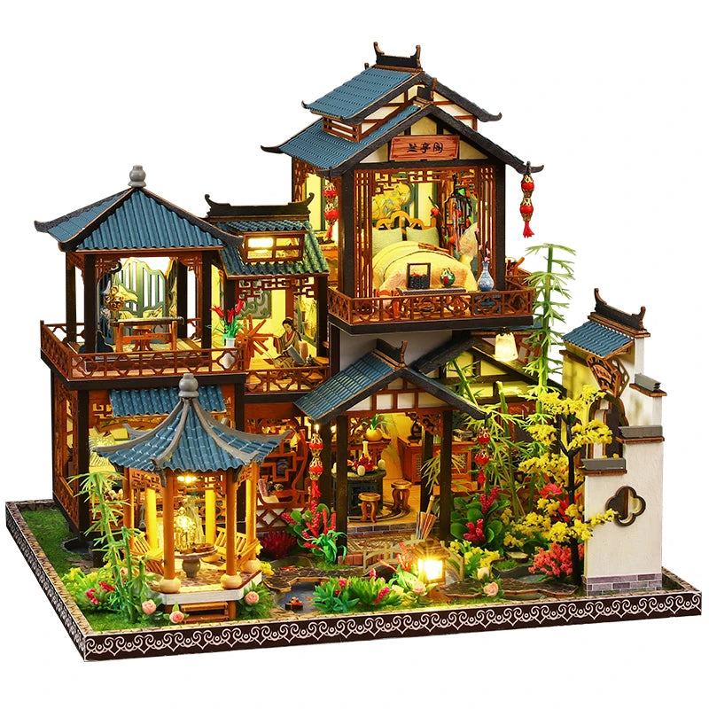 DIY Wooden Miniature Big Dollhouse Kit with Furniture and Lighting