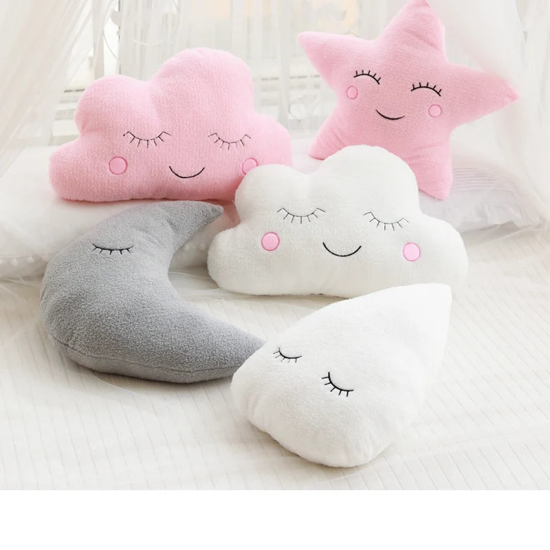 Set of kawaii cloud, moon, star, and raindrop plush pillows made from soft PP cotton