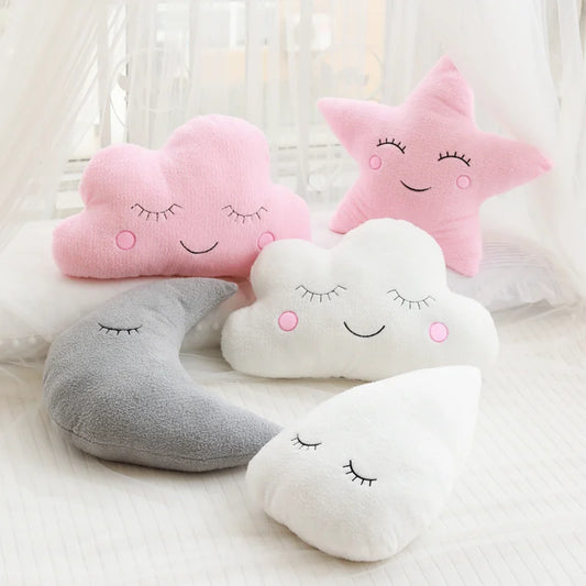 Set of kawaii cloud, moon, star, and raindrop plush pillows made from soft PP cotton