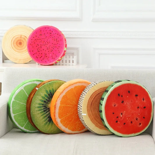 33cm round throw pillow with 3D fruit print design in plush fabric 