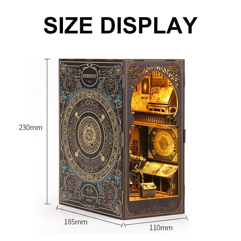 Retro DIY Wooden Book Nook Shelf Insert Miniature Kits Museum of Astronomy Bookshelf Home Bookend Decor for Adult Handmade Gifts