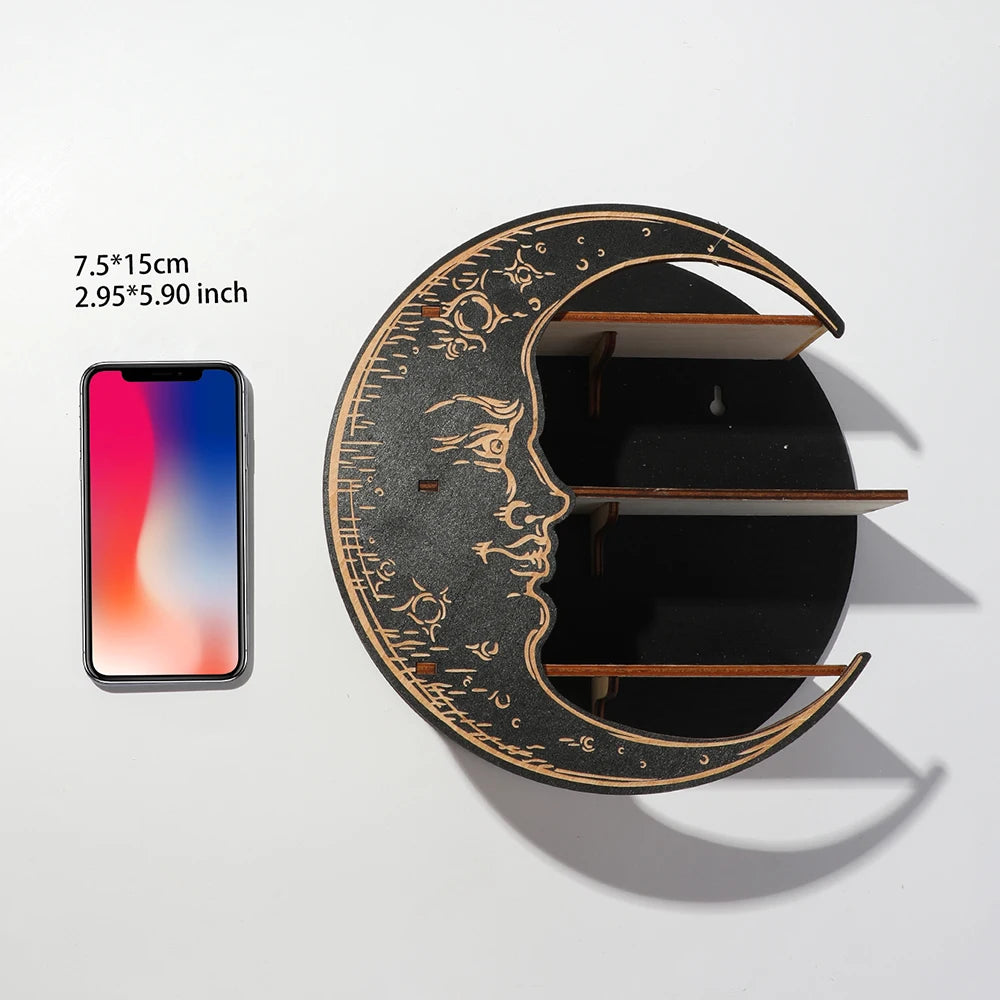 Wooden Shelf Moon Face Display Stand Floating Shelf Wall Decor Wall Shelf Boho Home Decoration Crystal Holder Wall Organizer