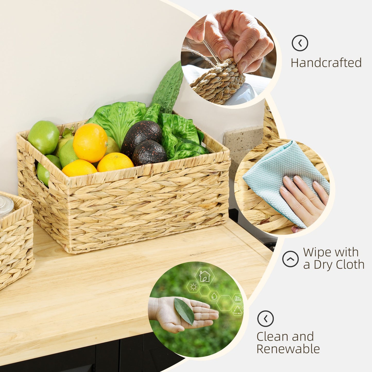 Set of 3 Wicker Storage Baskets, Woven Baskets with Handles, Natural Tone