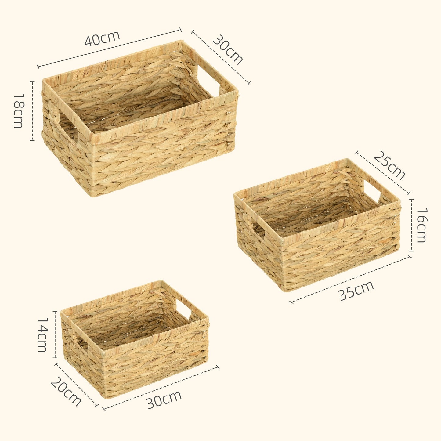 Set of 3 Wicker Storage Baskets, Woven Baskets with Handles, Natural Tone