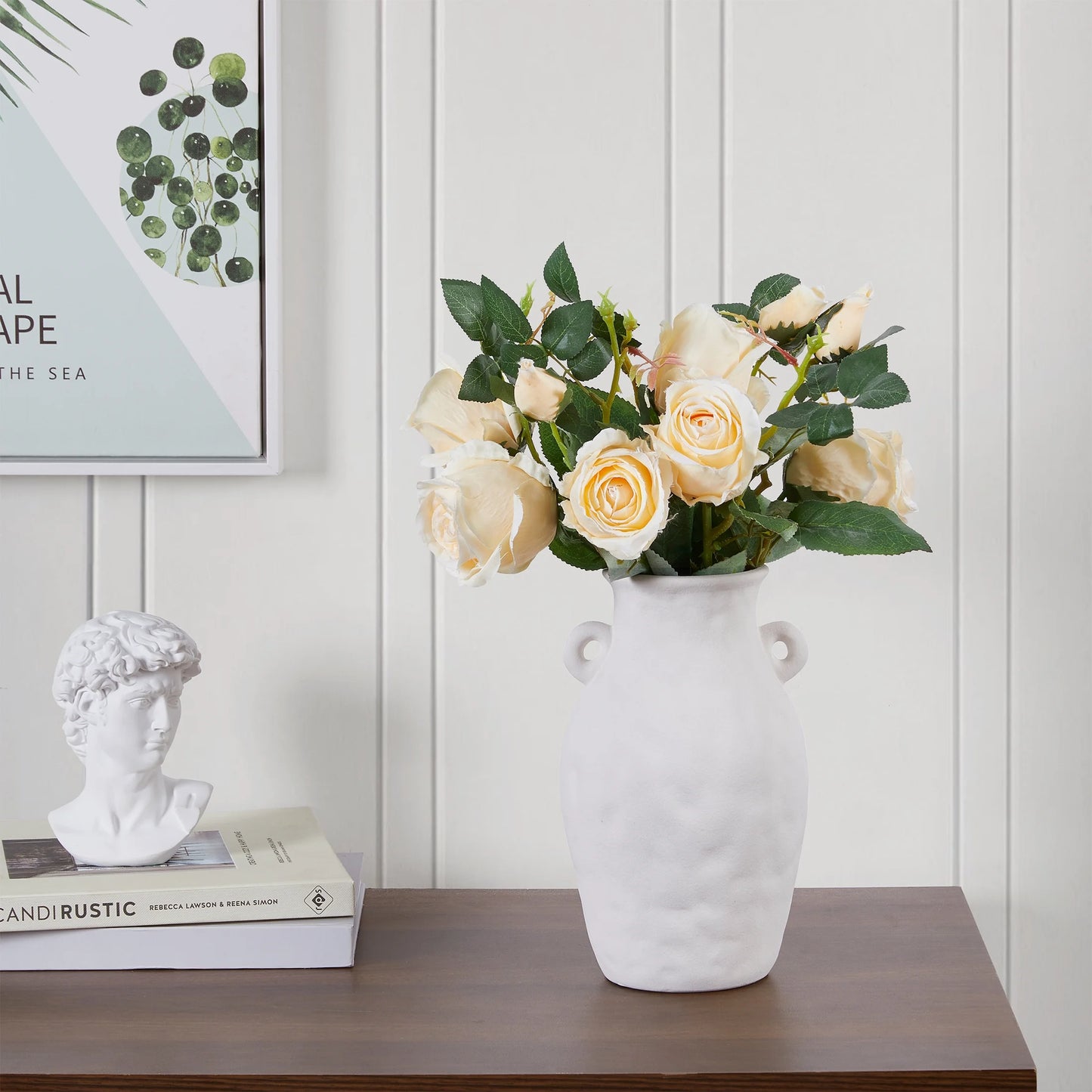 9" White Textured Ceramic Vase with Handles