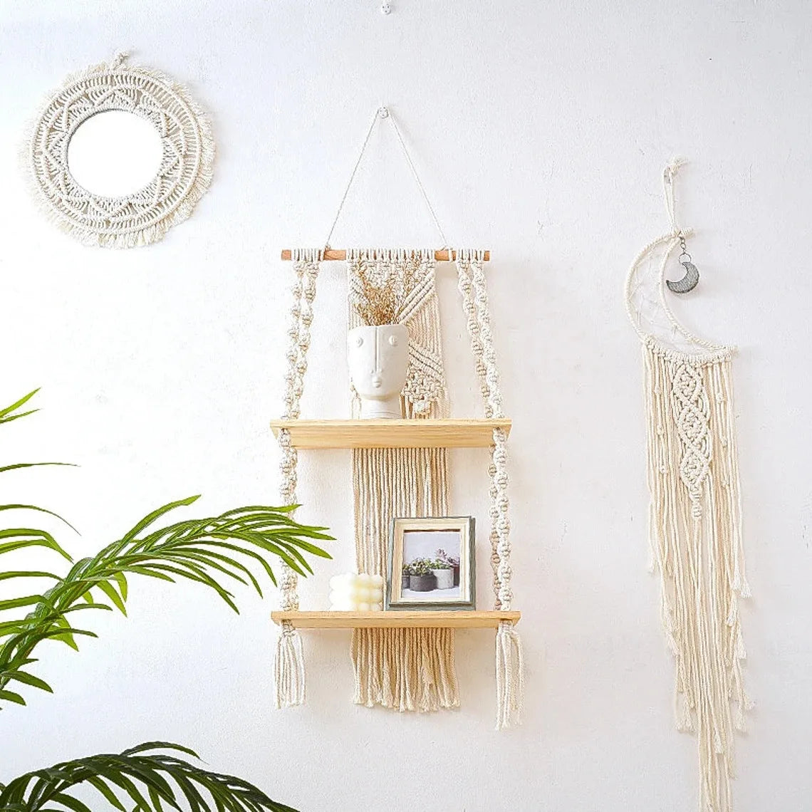 Macrame Wall Hanging Shelf Boho Home Decor Shelves on Wall Wood Decoration for Bedroom Living Room Nursery Christamas Gift