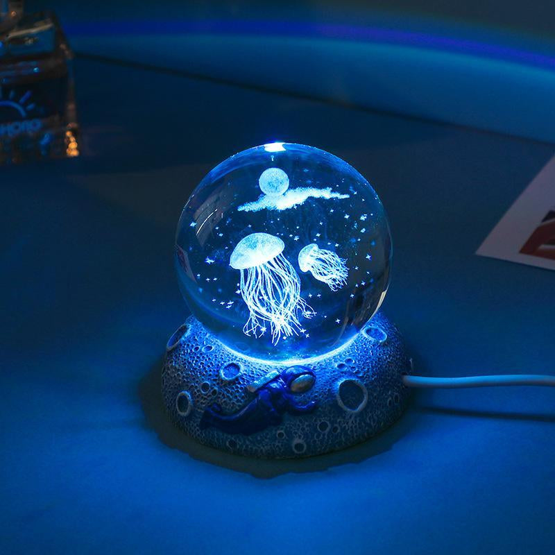 3D Crystal Ball Night Light for Home Decor, 1 Count Jellyfish Ball Lamp with LED Stand Base, Decorative Atmosphere Room Lights, Creative Internal Carving Clear Marine Style Decor Ambient LED Light for Bedroom Decor, Best Desktop Gift, Valentine'S Day Gift