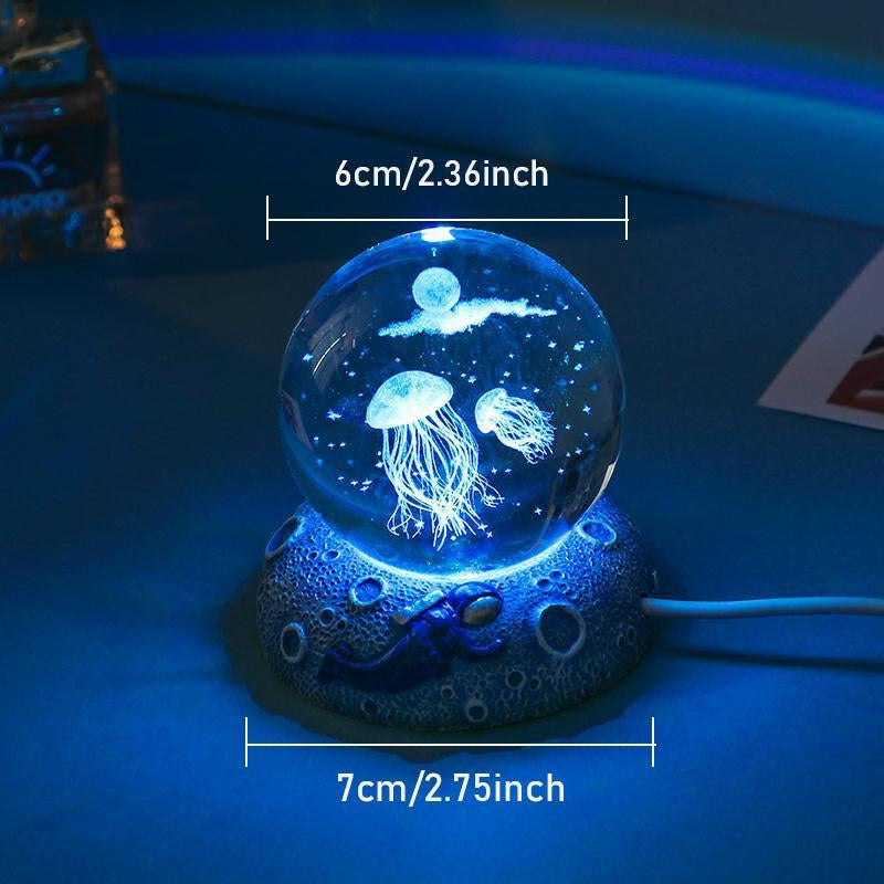 3D Crystal Ball Night Light for Home Decor, 1 Count Jellyfish Ball Lamp with LED Stand Base, Decorative Atmosphere Room Lights, Creative Internal Carving Clear Marine Style Decor Ambient LED Light for Bedroom Decor, Best Desktop Gift, Valentine'S Day Gift