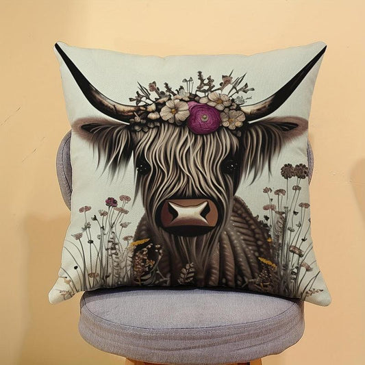 Long-Haired Cow & Flower Pattern Cushion Cover without Filler, Lovely Soft Square Throw Pillow Cover, Household Decoration Supplies for Home Living Room Bedroom Sofa