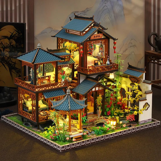 DIY Wooden Miniature Big Dollhouse Kit with Furniture and Lighting