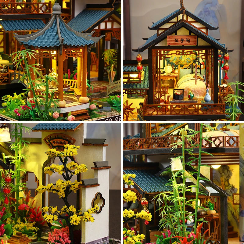 DIY Wooden Miniature Big Dollhouse Kit with Furniture and Lighting