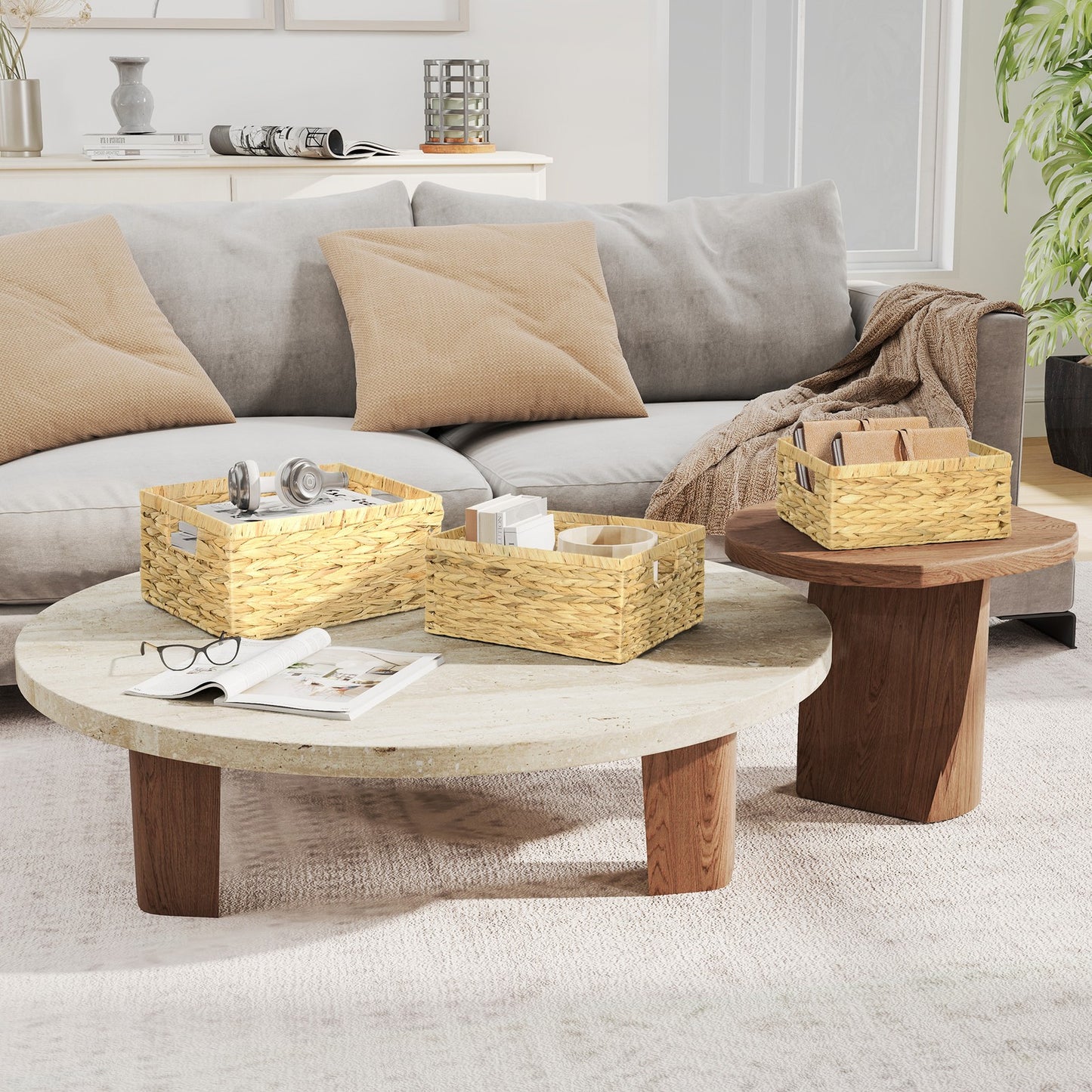 Set of 3 Wicker Storage Baskets, Woven Baskets with Handles, Natural Tone