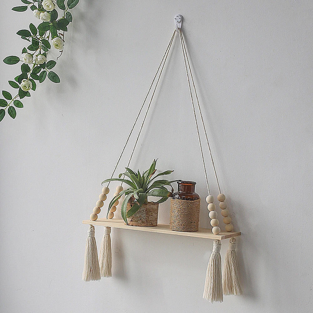 Macrame Wall Hanging Shelf Floating Wall Shelf Boho Home Decor Shelves Wall Wood Decoration for Bedroom Living Room Nursery Gift
