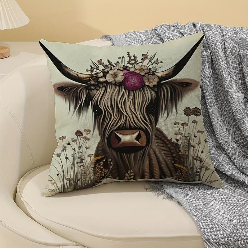 Long-Haired Cow & Flower Pattern Cushion Cover without Filler, Lovely Soft Square Throw Pillow Cover, Household Decoration Supplies for Home Living Room Bedroom Sofa
