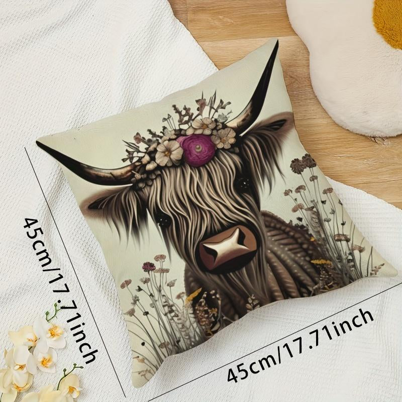 Long-Haired Cow & Flower Pattern Cushion Cover without Filler, Lovely Soft Square Throw Pillow Cover, Household Decoration Supplies for Home Living Room Bedroom Sofa