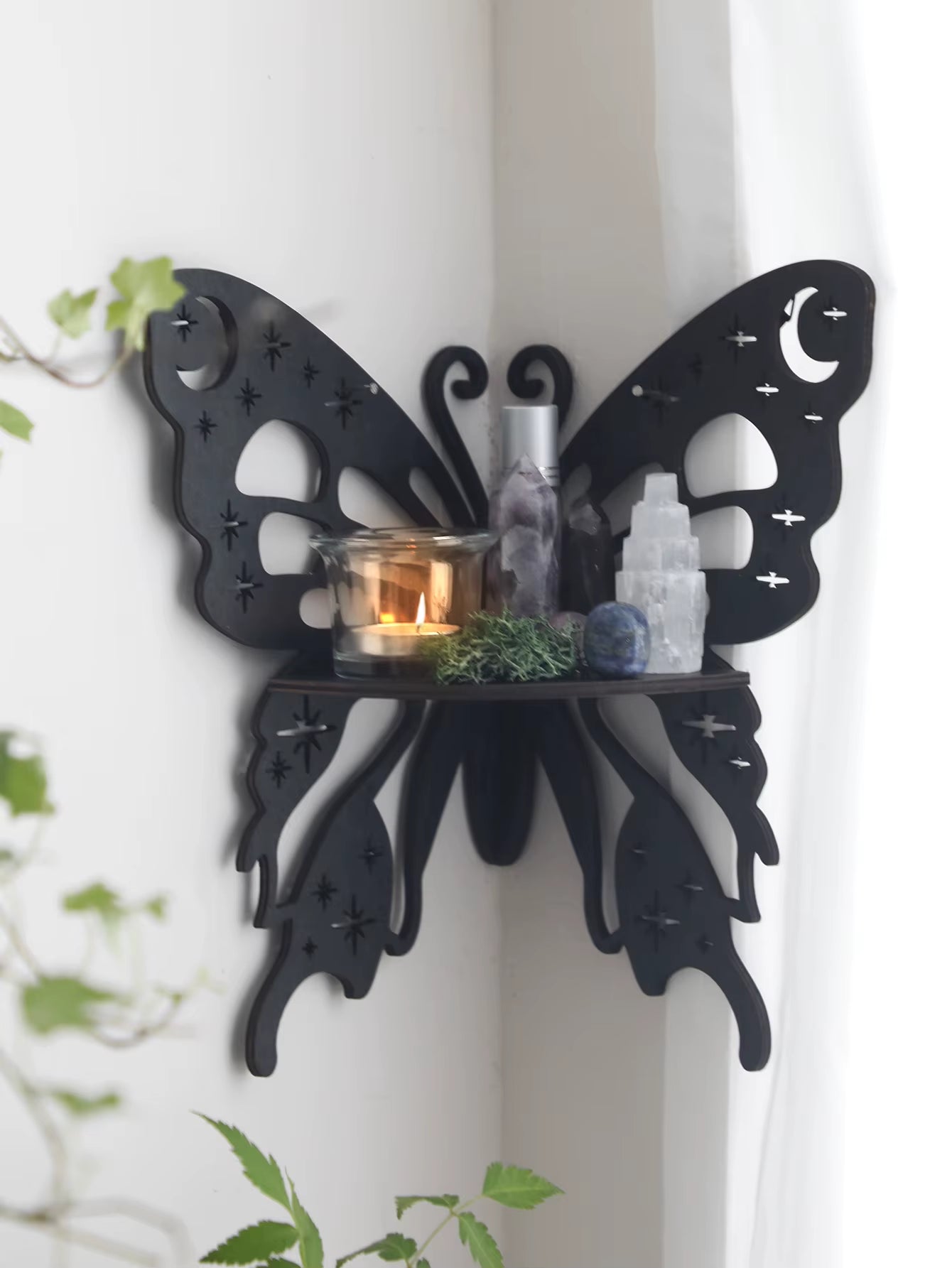 Crystal Wall Shelf Wooden Butterfly Lotus Moth Crystal Stone Stand Hanging Wall Display Shelf Boho Home Decoration Room Decor