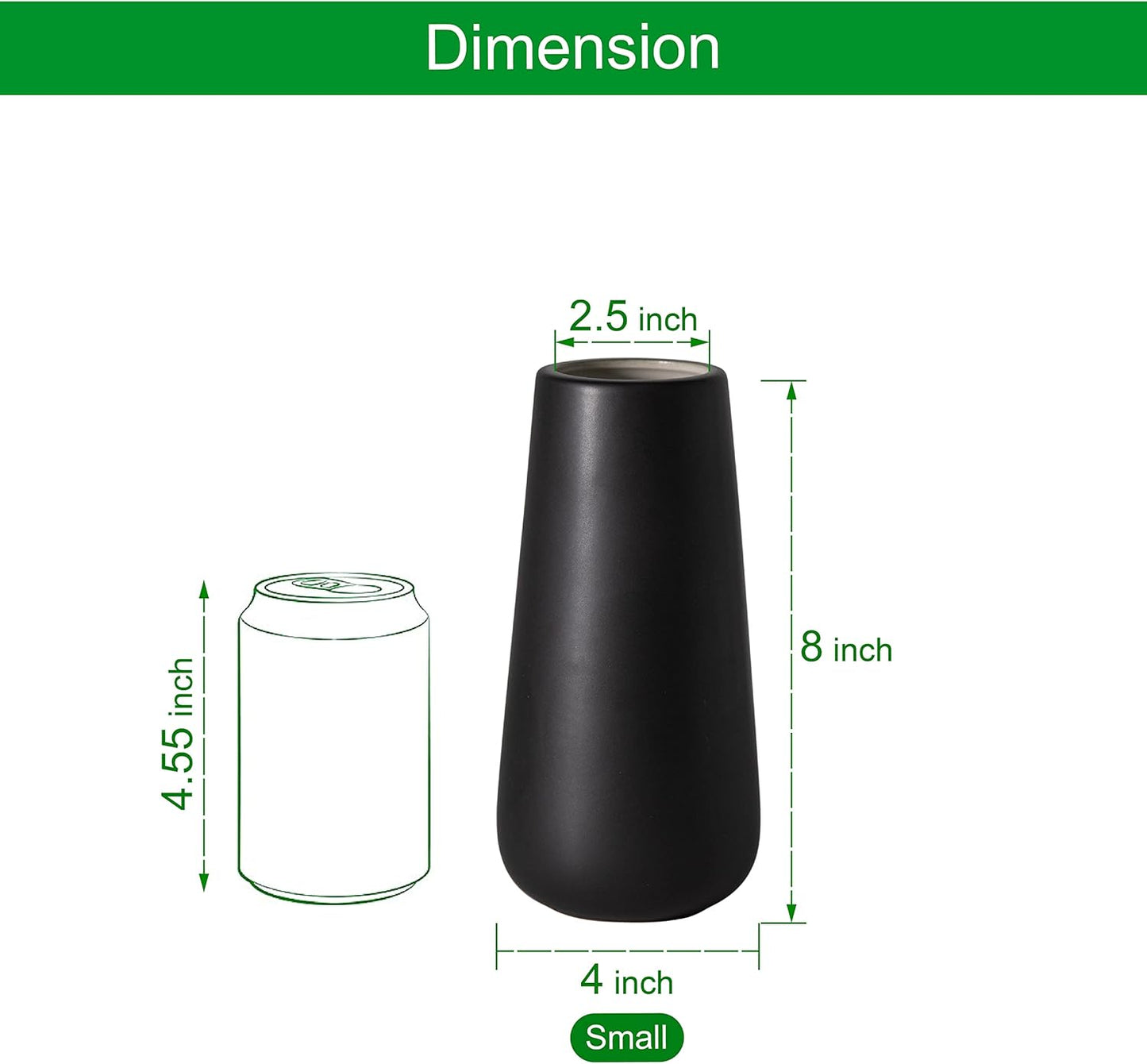 8 Inch Ceramic Flower Vase Matte Finishing, Minimalist Design for Home Décor, Bedroom, Living Room, Centerpieces, Office, Ebony Black, VS-XH-E-1