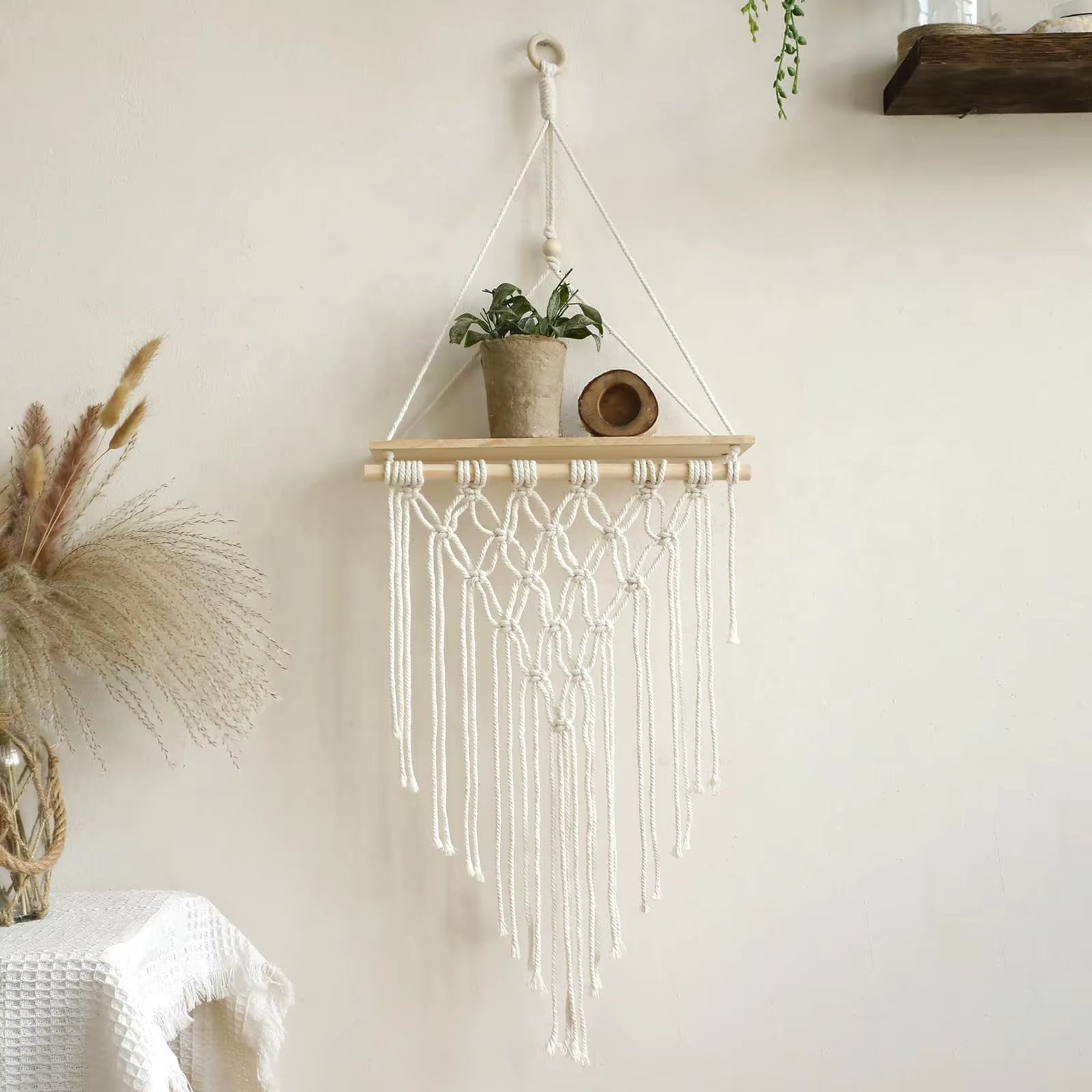 Macrame Wall Hanging Shelf Floating Wall Shelf Boho Home Decor Shelves Wall Wood Decoration for Bedroom Living Room Nursery Gift