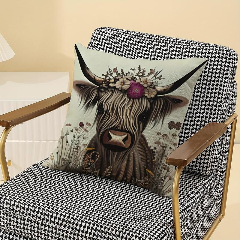 Long-Haired Cow & Flower Pattern Cushion Cover without Filler, Lovely Soft Square Throw Pillow Cover, Household Decoration Supplies for Home Living Room Bedroom Sofa