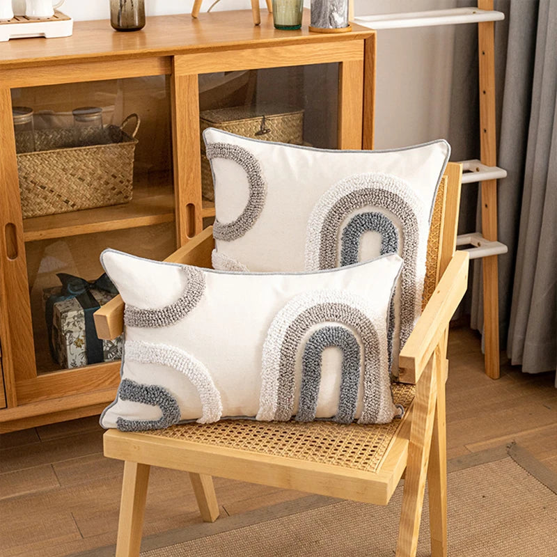 Nordic gray white tufted pillow cover with Moroccan geometric pattern for sofa or bed décor