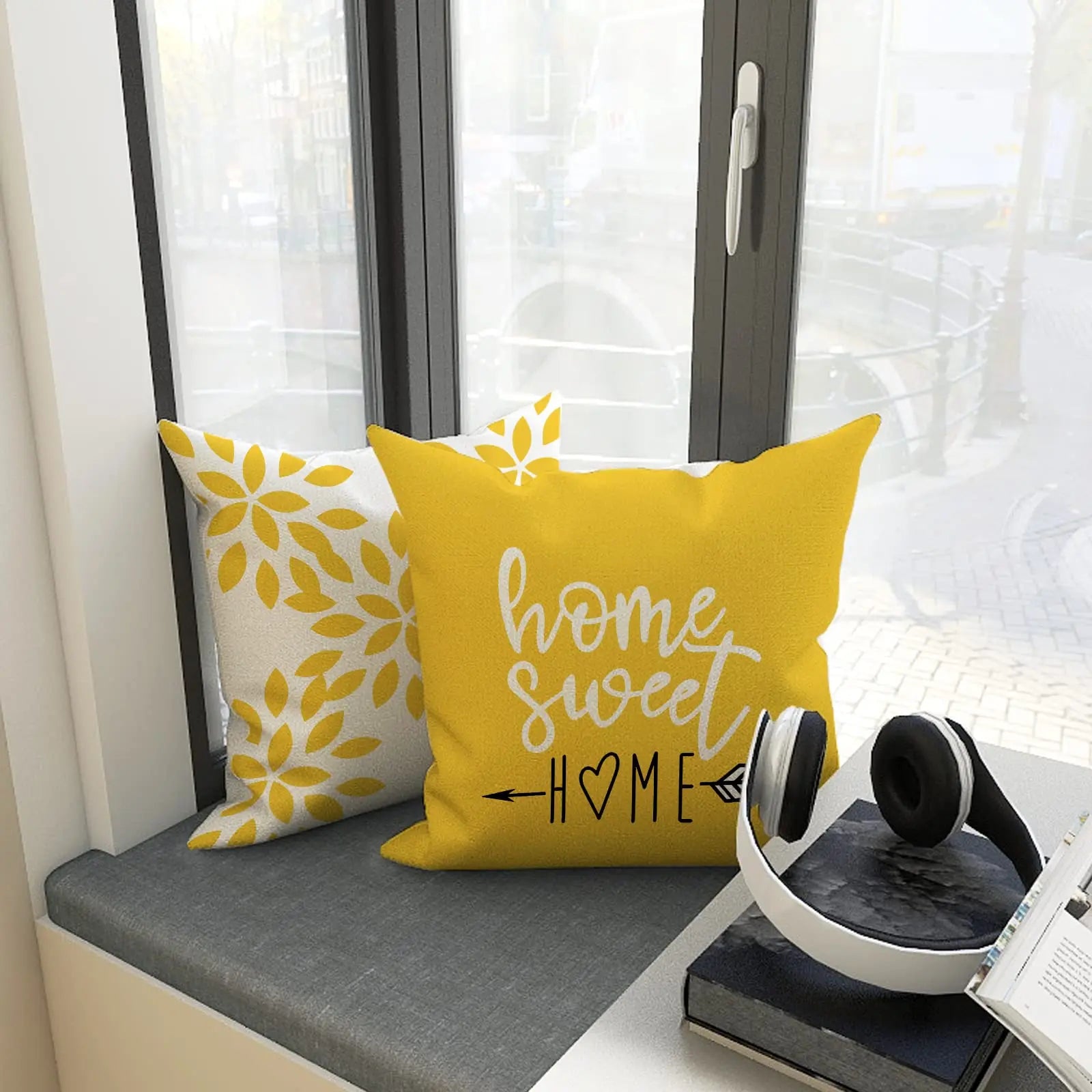 Set of 4 decorative 18x18 pillow covers with modern geometric design in linen fabric
