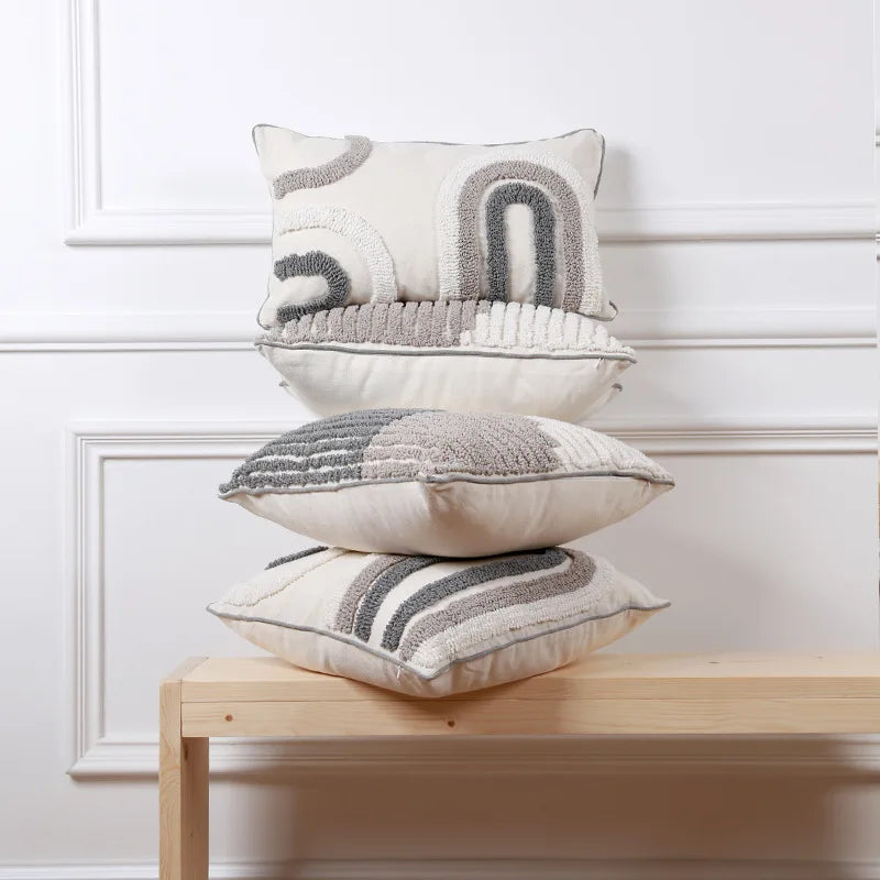 Nordic gray white tufted pillow cover with Moroccan geometric pattern for sofa or bed décor