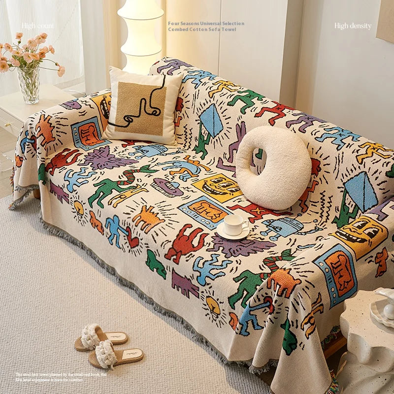 Chenille sofa cushion cloth with tassel fringes used as a couch cover and throw blanket