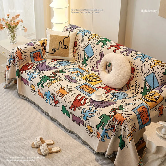 Chenille sofa cushion cloth with tassel fringes used as a couch cover and throw blanket