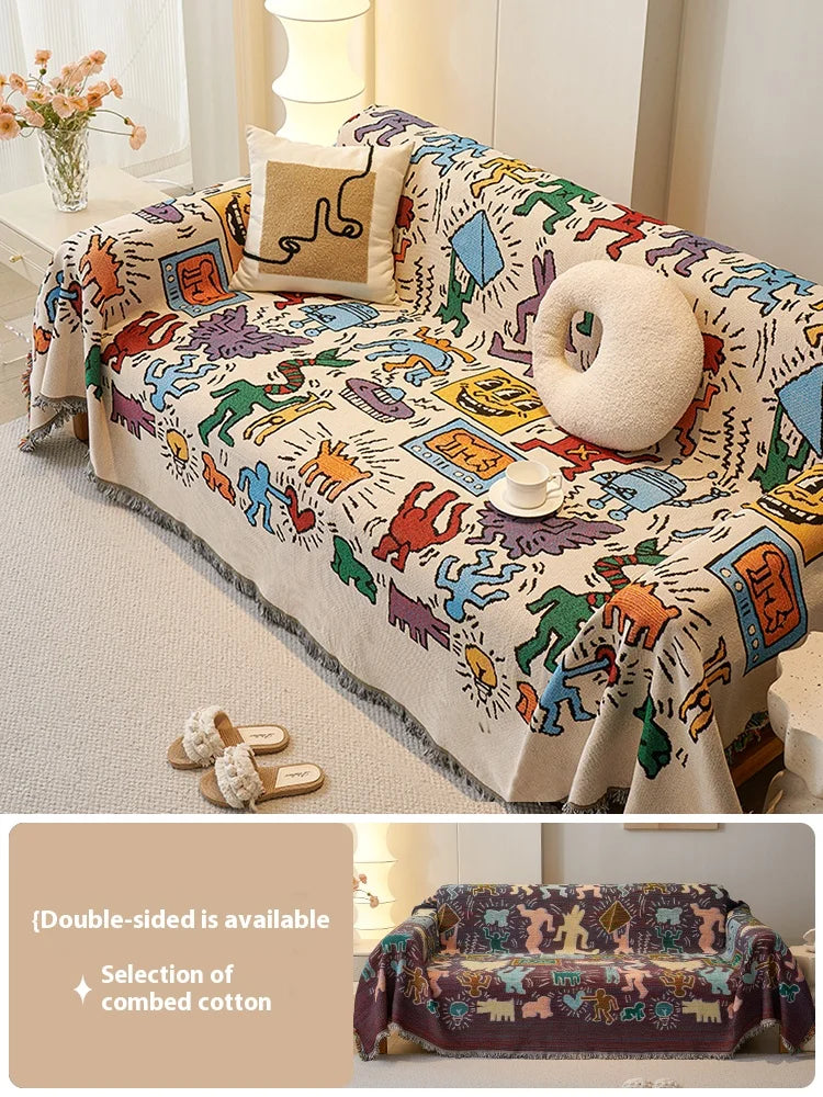 Chenille sofa cushion cloth with tassel fringes used as a couch cover and throw blanket