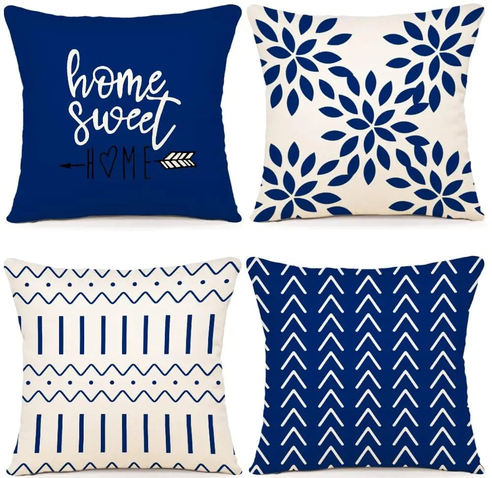 Set of 4 decorative 18x18 pillow covers with modern geometric design in linen fabric