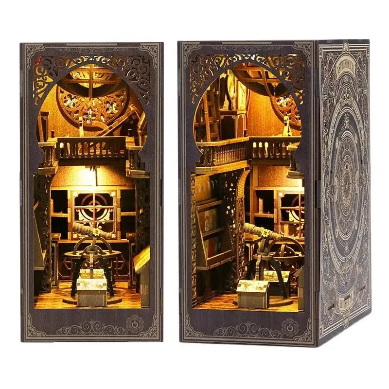 Retro DIY Wooden Book Nook Shelf Insert Miniature Kits Museum of Astronomy Bookshelf Home Bookend Decor for Adult Handmade Gifts