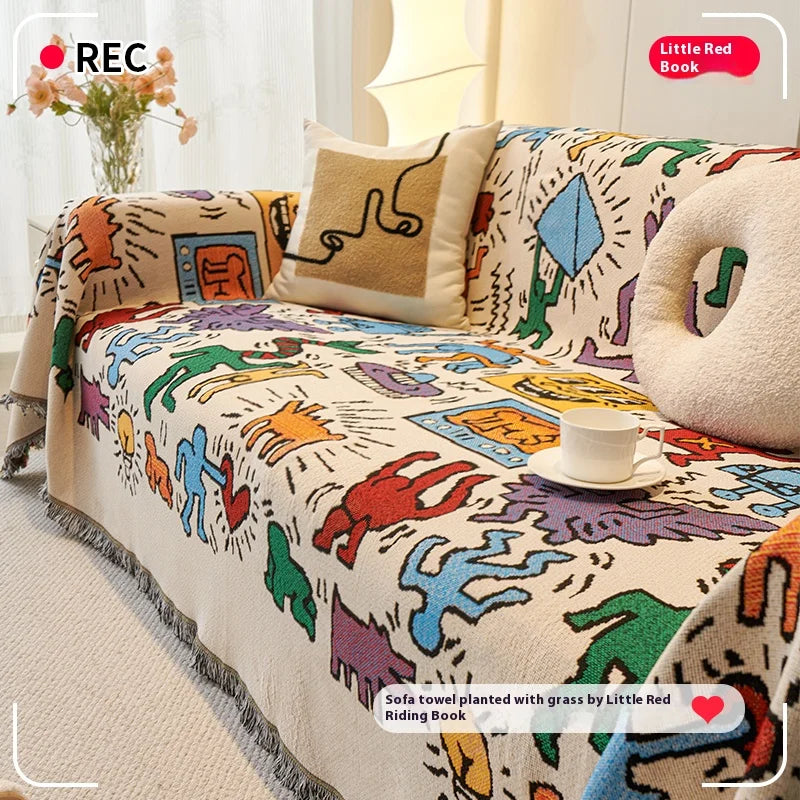 Chenille sofa cushion cloth with tassel fringes used as a couch cover and throw blanket