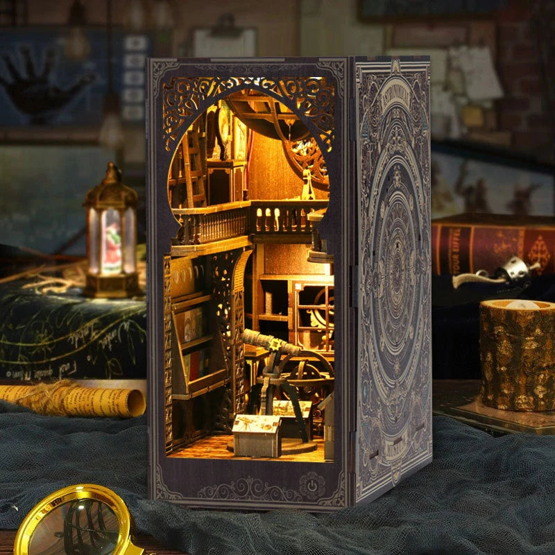 Retro DIY Wooden Book Nook Shelf Insert Miniature Kits Museum of Astronomy Bookshelf Home Bookend Decor for Adult Handmade Gifts
