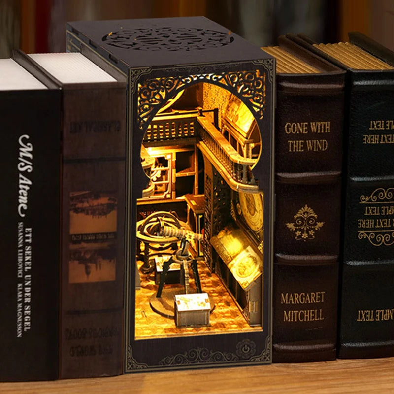 Retro DIY Wooden Book Nook Shelf Insert Miniature Kits Museum of Astronomy Bookshelf Home Bookend Decor for Adult Handmade Gifts