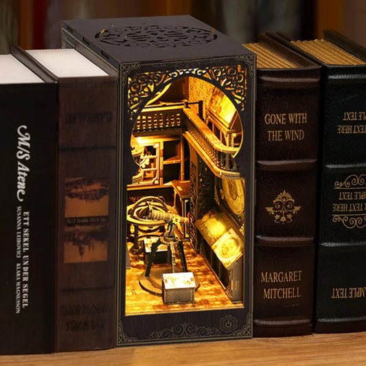Retro DIY Wooden Book Nook Shelf Insert Miniature Kits Museum of Astronomy Bookshelf Home Bookend Decor for Adult Handmade Gifts