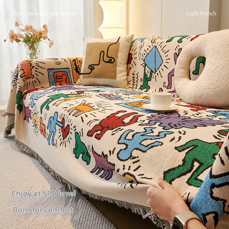 Chenille sofa cushion cloth with tassel fringes used as a couch cover and throw blanket