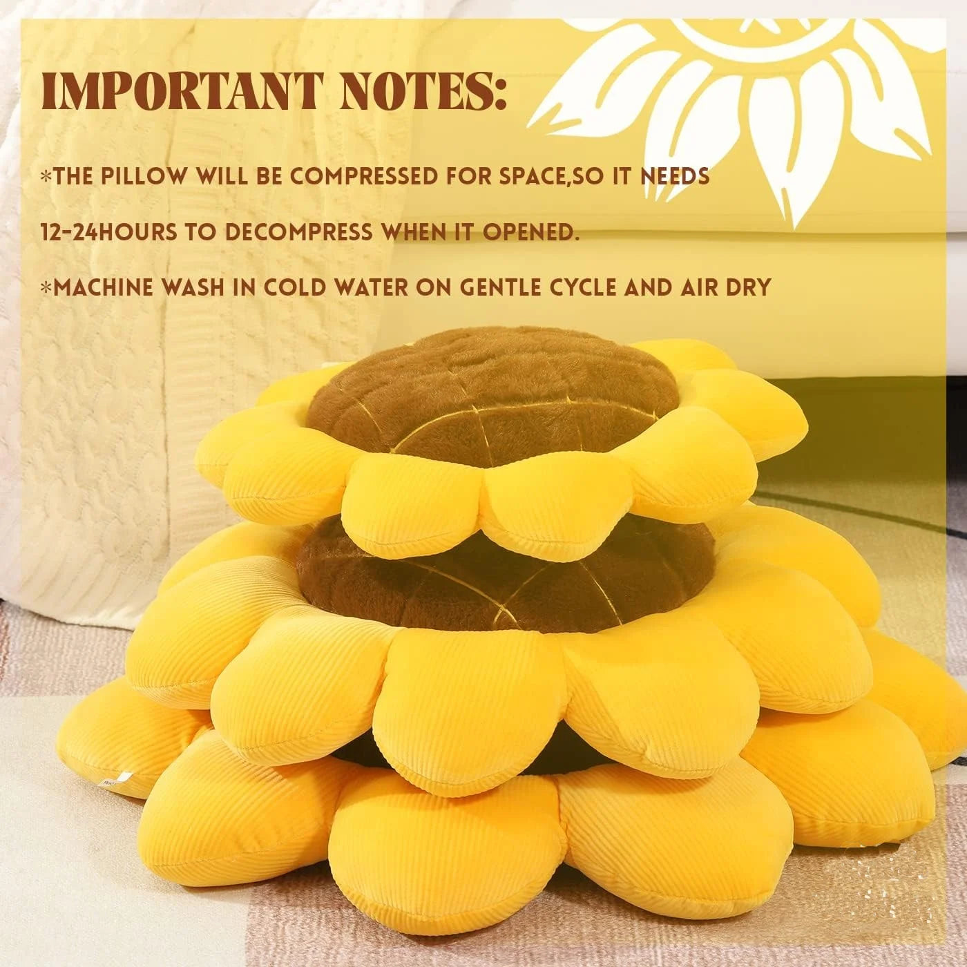 Soft sunflower throw pillow with plush yellow petals and brown quilted center on chair&nbsp;