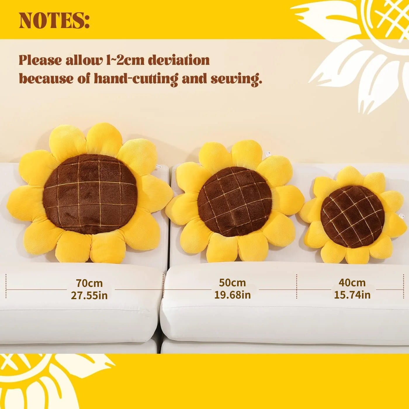 Soft sunflower throw pillow with plush yellow petals and brown quilted center on chair&nbsp;