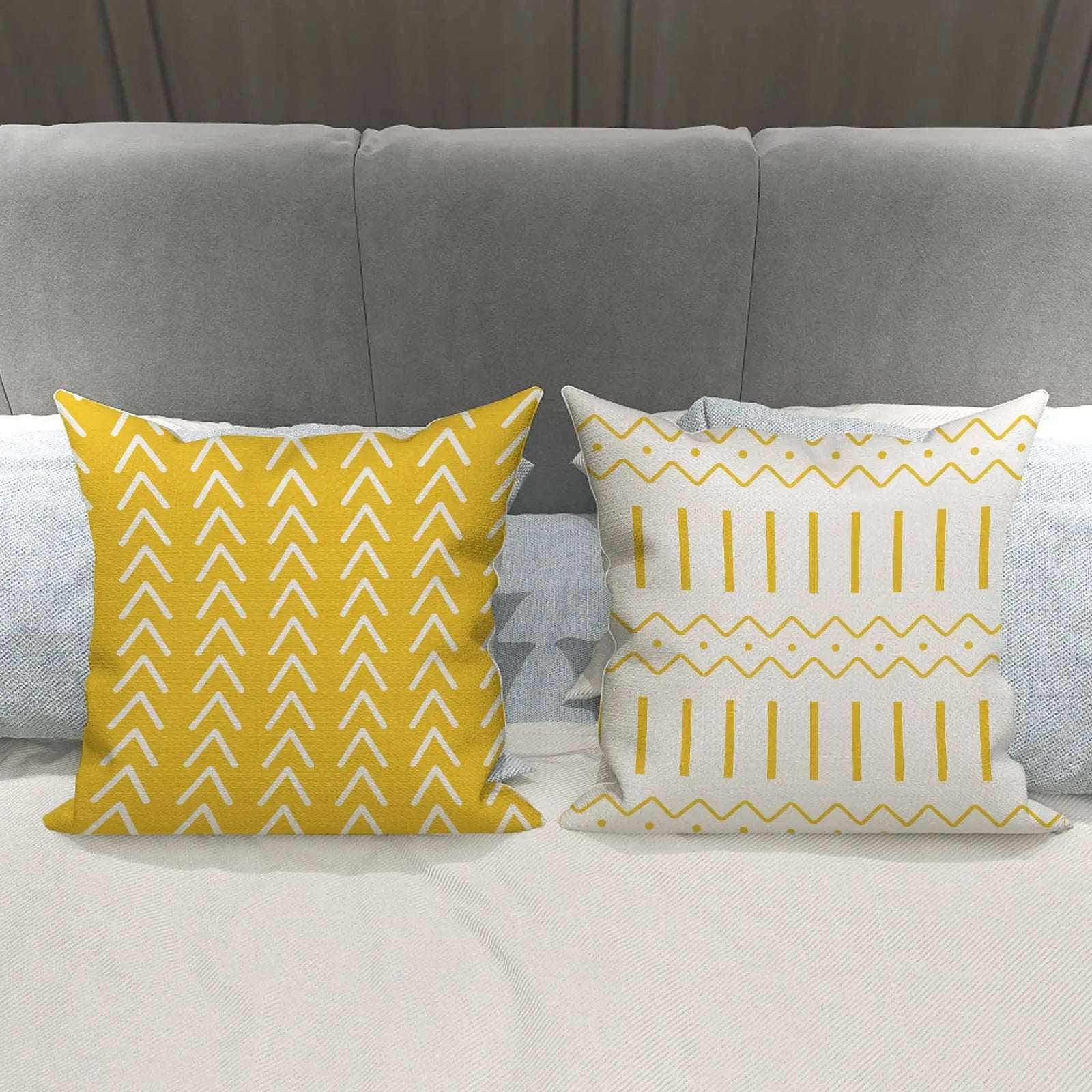 Set of 4 decorative 18x18 pillow covers with modern geometric design in linen fabric
