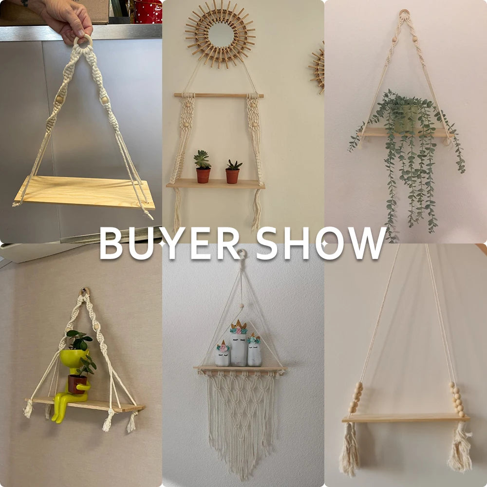 Macrame Wall Hanging Shelf Floating Wall Shelf Boho Home Decor Shelves Wall Wood Decoration for Bedroom Living Room Nursery Gift