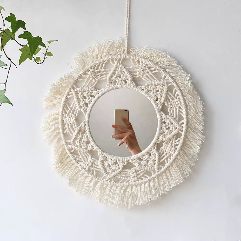 Macrame Mirror Wall Decoration Boho Home Decor Mirrors for Bedroom Wall Mirrors for Living Room Baby Room Decoration Nursery