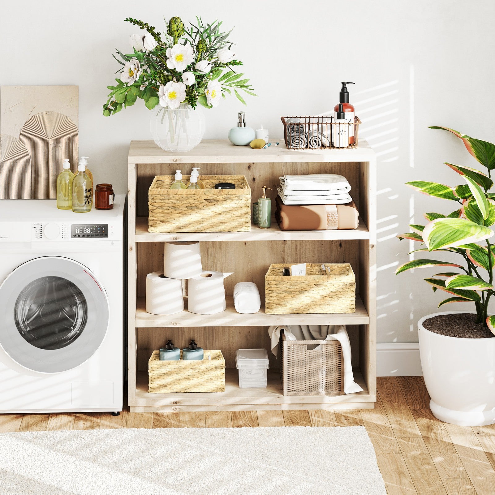 Set of 3 Wicker Storage Baskets, Woven Baskets with Handles, Natural Tone