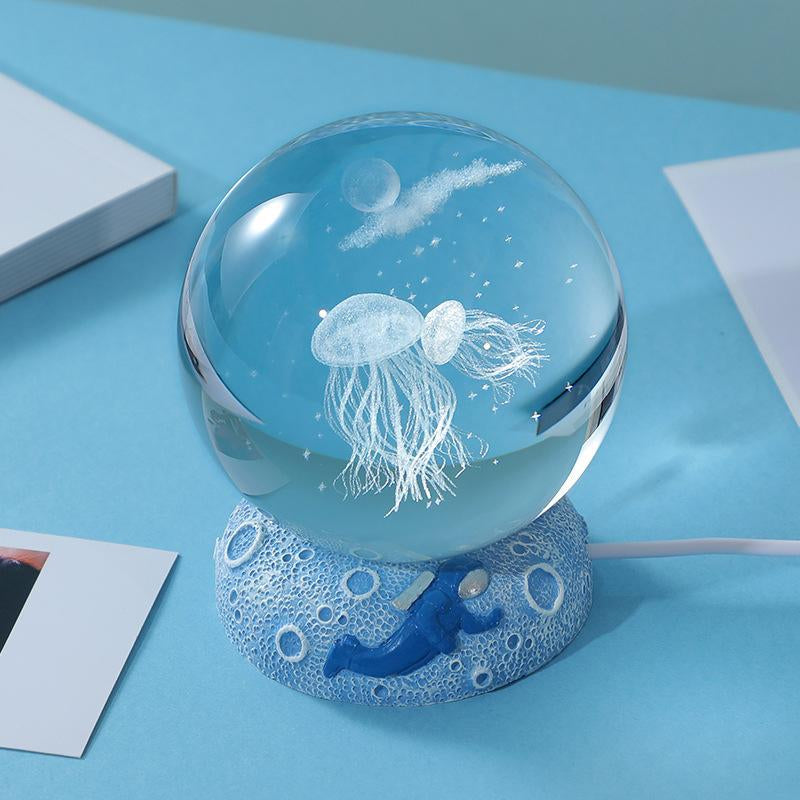 3D Crystal Ball Night Light for Home Decor, 1 Count Jellyfish Ball Lamp with LED Stand Base, Decorative Atmosphere Room Lights, Creative Internal Carving Clear Marine Style Decor Ambient LED Light for Bedroom Decor, Best Desktop Gift, Valentine'S Day Gift