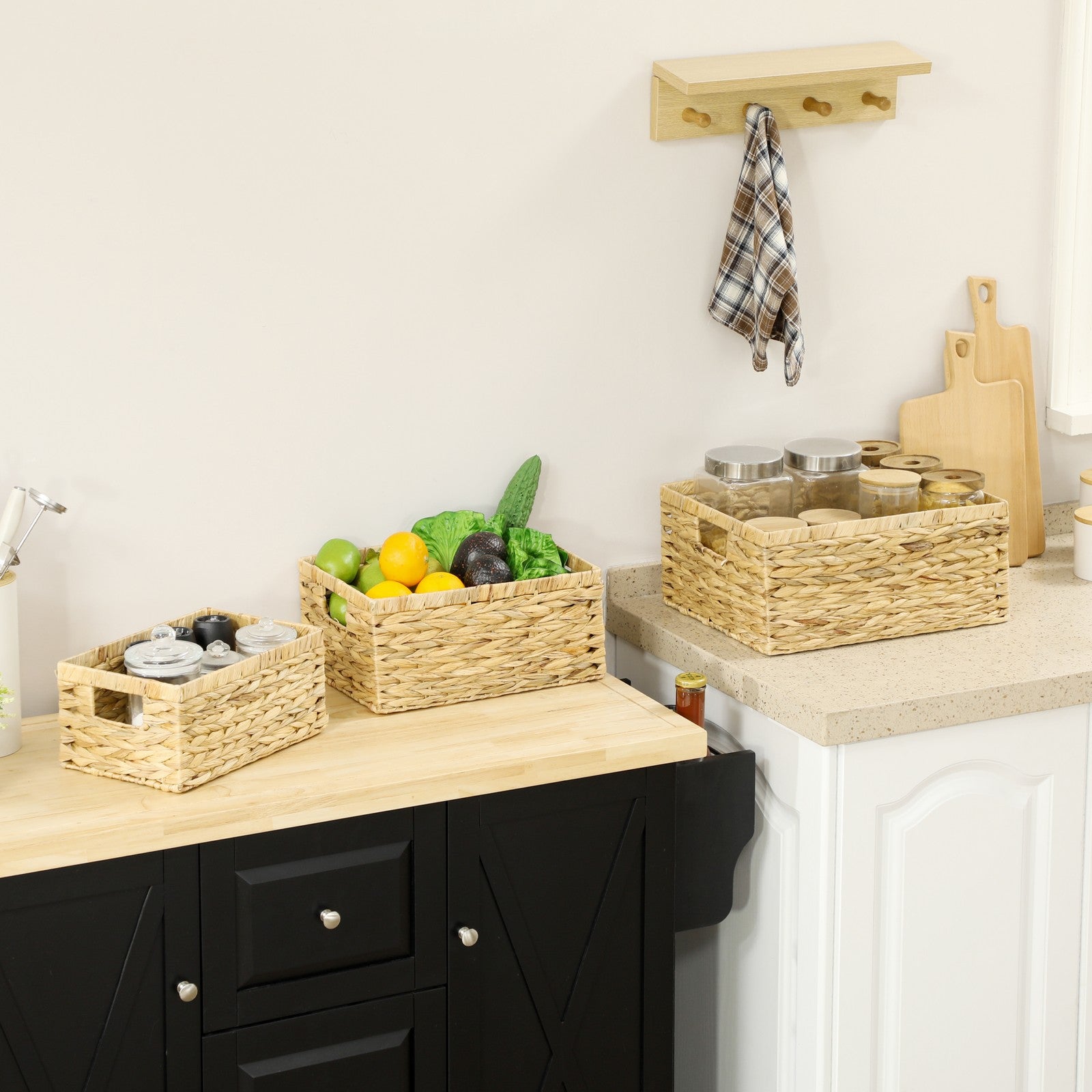 Set of 3 Wicker Storage Baskets, Woven Baskets with Handles, Natural Tone